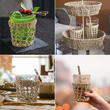 MadeTerra Set of 6 Pack Wicker Woven Cup Holders Heat Resistant Hand Woven Drink Glass Cup Holder Chic Rustic Countryside Dining Table Kitchen Decor (D3.5 XH3.3)
