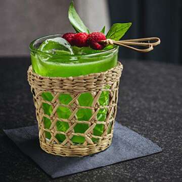 MadeTerra Set of 6 Pack Wicker Woven Cup Holders Heat Resistant Hand Woven Drink Glass Cup Holder Chic Rustic Countryside Dining Table Kitchen Decor (D3.5 XH3.3)