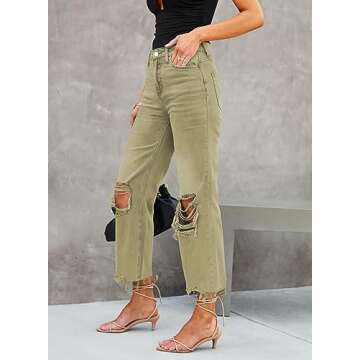LOLONG Womens Jeans Trendy High Waisted Ripped Flare Distressed Bell Bottom Casual Pants Green