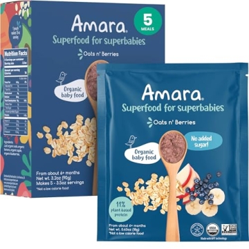 Amara Organic Baby Food - Stage 2 - Oats & Berries - Nutrient-Dense Baby Cereal Pouches for Safe and...