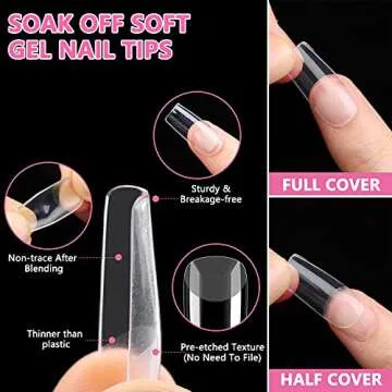 INENK Medium Square Gel X Nail Tips Extension, 240PCS Clear Soft Gel Full Cover Nail Tips, M Square Press On False Nail Tips for Salons, and DIY Nail Art at Home (12 Sizes)