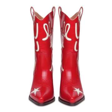 HOCHFART Metallic Cowboy boots for Women Mid Calf Low Heel Pointed Toe Womens Cowgirl Boots Fashion Embroidery Western Pull On Boots