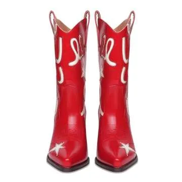 HOCHFART Metallic Cowboy boots for Women Mid Calf Low Heel Pointed Toe Womens Cowgirl Boots Fashion Embroidery Western Pull On Boots