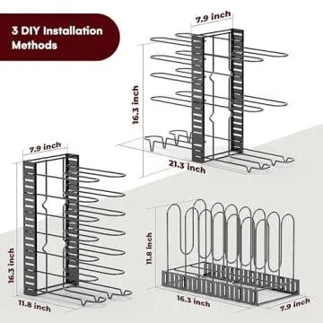 Vdomus Pot Rack Organizer with 3 DIY Methods, Black Metal Kitchen 8+ Pots Holder, Height and Position are Adjustable Cabinet Pantry Pot Lid Holder (Upgraded)