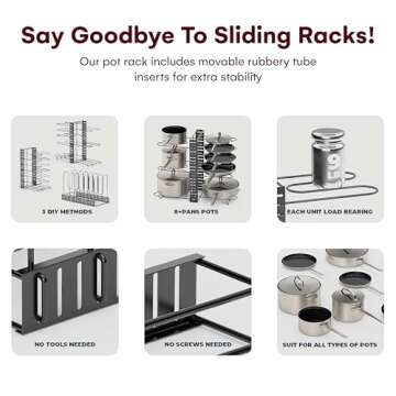 Vdomus Pot Rack Organizer with 3 DIY Methods, Black Metal Kitchen 8+ Pots Holder, Height and Position are Adjustable Cabinet Pantry Pot Lid Holder (Upgraded)