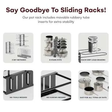 Vdomus Pot Rack Organizer with 3 DIY Methods, Black Metal Kitchen 8+ Pots Holder, Height and Position are Adjustable Cabinet Pantry Pot Lid Holder (Upgraded)