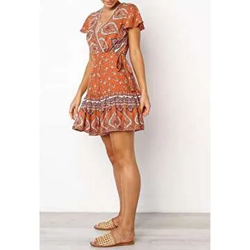 ZESICA Women's Summer Wrap V Neck Bohemian Floral Print Ruffle Swing A Line Beach Mini Dress,Tangerine,Medium