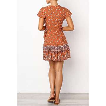 ZESICA Women's Summer Wrap V Neck Bohemian Floral Print Ruffle Swing A Line Beach Mini Dress,Tangerine,Medium