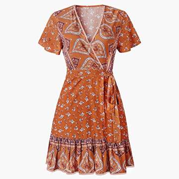 ZESICA Women's Summer Wrap V Neck Bohemian Floral Print Ruffle Swing A Line Beach Mini Dress,Tangerine,Medium