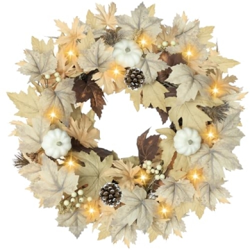 Realistic Fall Wreath with Lights, 22" Fall Wreaths for Front Door with Pumpkins Fall Leaves Berries...