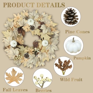 22" Realistic Fall Wreath with Lights for Home Decor