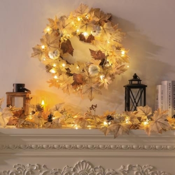22" Realistic Fall Wreath with Lights for Home Decor