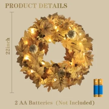 22" Realistic Fall Wreath with Lights for Home Decor
