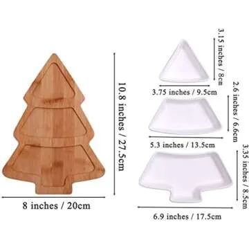 ROSE CREATE 10.8 Inches Snack Appetizer Trays Set, Christmas Tree Dessert Serving Dishes, Snack Platter, 3 pcs Removable White Porcelain Plates with Bamboo Tree Tray