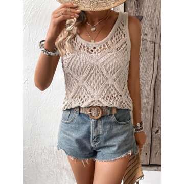 COZYEASE Women's Crochet Tank Tops Knit Sweater Vest Hollow Out Sleeveless Cover Up Summer Boho Top Scoop Neck Pullover Khaki