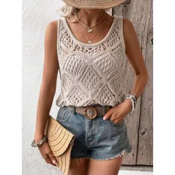 COZYEASE Women's Crochet Tank Tops Knit Sweater Vest Hollow Out Sleeveless Cover Up Summer Boho Top Scoop Neck Pullover Khaki