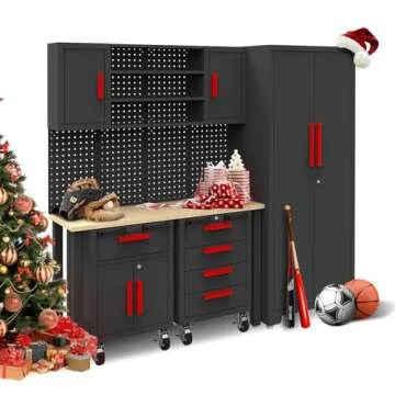 Torin Garage Storage Cabinets System, 6-Pcs Workshop Cabinet Set in Black, Included Steel Cabinets Drawers Rolling Chest and Pegboard,Locked Garage Storage Cabinet