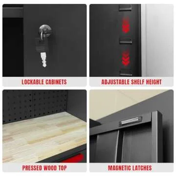 Torin Garage Storage Cabinets System, 6-Pcs Workshop Cabinet Set in Black, Included Steel Cabinets Drawers Rolling Chest and Pegboard,Locked Garage Storage Cabinet