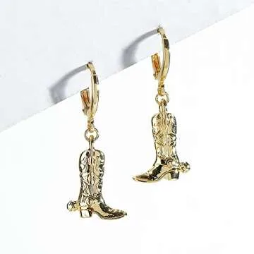 Punk Western Cowgirl Fancy Dress Costume Dangle Hoop Earrings Cowgboy Boots Hat Charm Drop Small Huggie Hinged Hoops Hypoallergenic Piercing Cuffs Earring for Women Girls Girlfriend Hip Hop Jewelry,