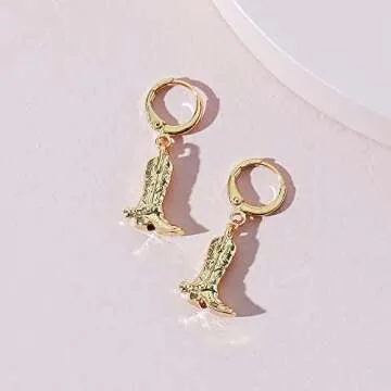 Punk Western Cowgirl Fancy Dress Costume Dangle Hoop Earrings Cowgboy Boots Hat Charm Drop Small Huggie Hinged Hoops Hypoallergenic Piercing Cuffs Earring for Women Girls Girlfriend Hip Hop Jewelry,