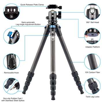 SIRUI AM-225 Camera Tripod Carbon Fiber Tripod 5-Sections Travel Lightweight Small Tripod with B-00K Ball Head,Black