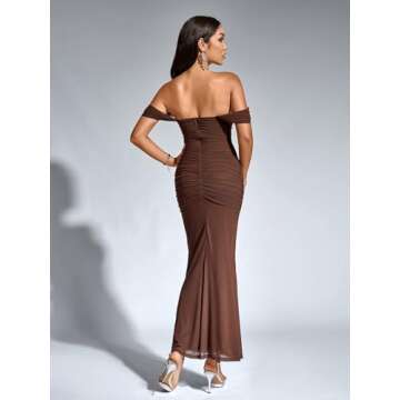 KUTUMAI Off The Shoulder Maxi Long Dress Corset Ruched Bodycon Formal Wedding Guest Dresses for Women Brown M