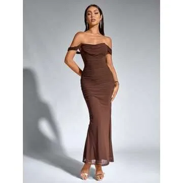 KUTUMAI Off The Shoulder Maxi Long Dress Corset Ruched Bodycon Formal Wedding Guest Dresses for Women Brown M