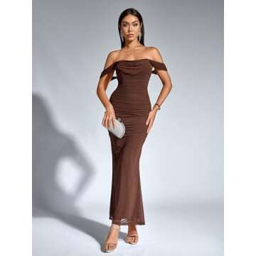 KUTUMAI Off The Shoulder Maxi Long Dress Corset Ruched Bodycon Formal Wedding Guest Dresses for Women Brown M
