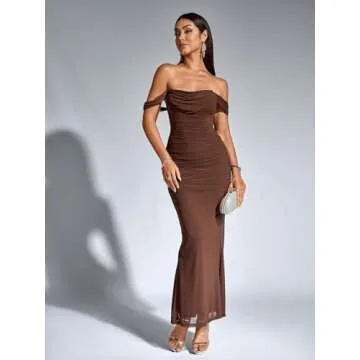 KUTUMAI Off The Shoulder Maxi Long Dress Corset Ruched Bodycon Formal Wedding Guest Dresses for Women Brown M