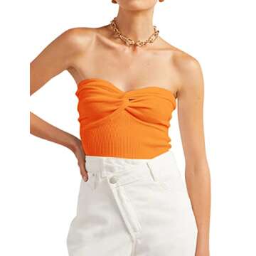 SAFRISIOR Women Striped Twist Front Knit Strapless Crop Top Hollow Out Front Sleeveless Backless Tub...