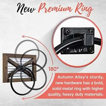 Autumn Alley Rustic Farmhouse Towel Holder for Bathroom, Rustic Hand Towel Holder, Rustic Towel Rack Holder, Wall Mounted, Western Bathroom Decor, Wood Country Decor, Galvanized Metal, Black Ring