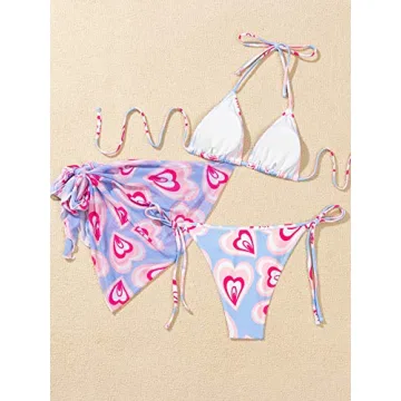 SOLY HUX Women's Halter Trio Bikini with Beach Skirt