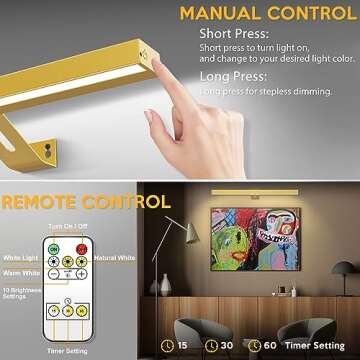 ReyeeInc Picture Light Battery Operated, 16 Inch Picture Light and Cordless Wall Art Lighting with Remote for Above Painting, Picture Frame, Gallery, Portrait Display, Canvas (Gold)