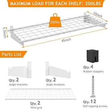 Wallmaster 2-Pack 15x45 Heavy Duty Garage Wall Shelving 45-inch-by-15-inch Wall Mount Garage Storage Rack Floating Shelves Max Load 400lb White