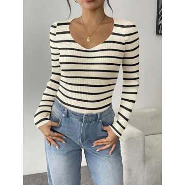 Zeagoo Fall Sweaters for Women 2024 Casual Long Sleeve Shirts V Neck Pullover Puff Slim Fit Tops