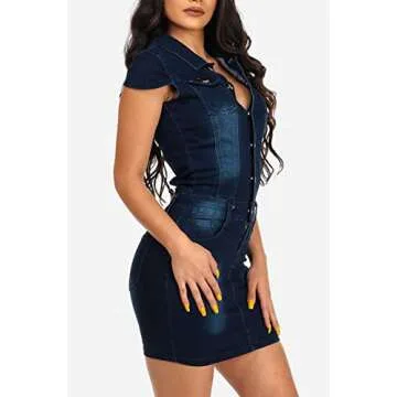 chouyatou Women's Cap Sleeve Bodycon 1/2 Button Placket Mini Denim Pencil Dress (X-Small, Dark Blue)