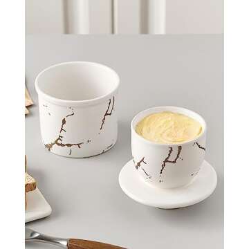 XELA Ceramic Butter Crock, French Butter Dish for Counter, Butter Keeper With Water Line for Fresh Spreadable Butter- White Golden