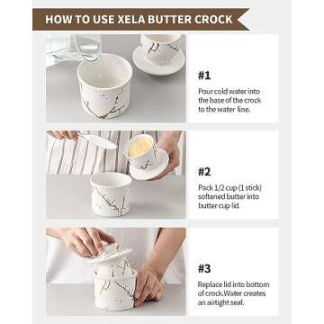 XELA Ceramic Butter Crock, French Butter Dish for Counter, Butter Keeper With Water Line for Fresh Spreadable Butter- White Golden