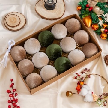 Christmas Balls Ornaments, 15 Pcs Green & Brown Christmas Tree Ornaments with Velvet, Multicolor Xma...