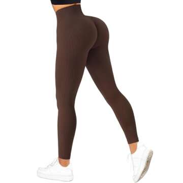 SUUKSESS Women Ribbed Seamless Leggings High Waisted Tummy Control Workout Yoga Pants (Dark Brown, S...