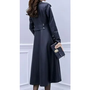 ebossy Women's Elegant Lapel Collar 2 Button Fit-Flare Pu Leather Long Trench Coat