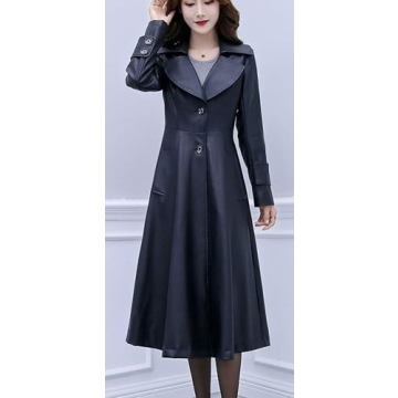 ebossy Women's Elegant Lapel Collar 2 Button Fit-Flare Pu Leather Long Trench Coat