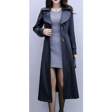 ebossy Women's Elegant Lapel Collar 2 Button Fit-Flare Pu Leather Long Trench Coat