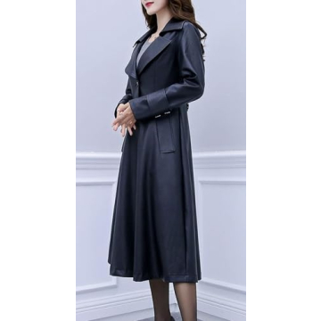 ebossy Women's Elegant Lapel Collar 2 Button Fit-Flare Pu Leather Long Trench Coat