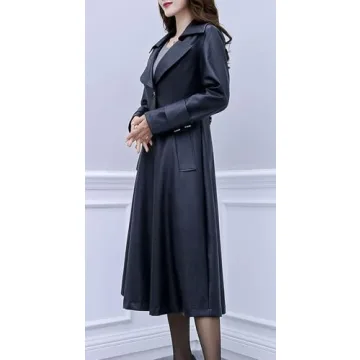 ebossy Women's Elegant Lapel Collar 2 Button Fit-Flare Pu Leather Long Trench Coat