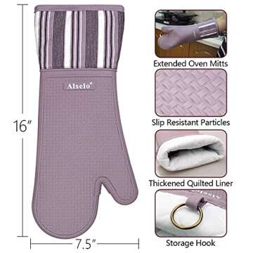 Alselo Silicone Oven Mitts Heat Resistant 550 Degree Extra Long Kitchen Gloves with Waterproof and N...