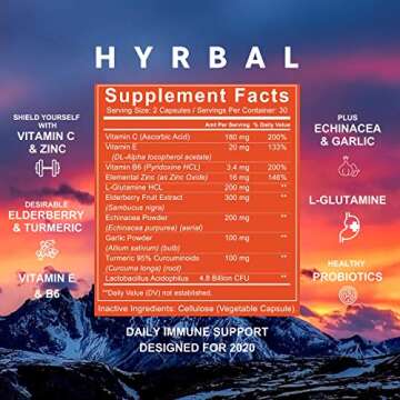 Hyrbal Defend Emergency Immune Support Supplement | Emergency C with Zinc | All Natural | Vitamin C, Echinacea, Elderberry Extract, L Glutamine, Turmeric, and Vitamin E | 60 Vegan Capsules