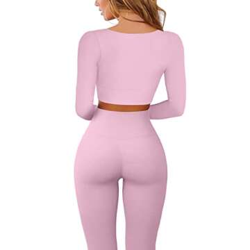 QINSEN Women Workout 2 Piece Outfits Ribbed High Waist Legging Gym Yoga Bodycon Long Sleeve Sports Crop Tops Sets Dusty Pink L