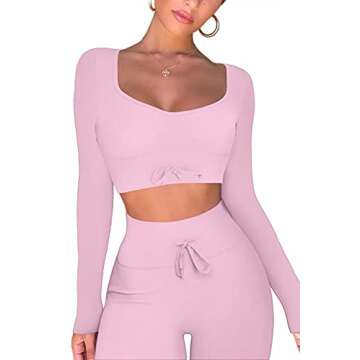 QINSEN Women Workout 2 Piece Outfits Ribbed High Waist Legging Gym Yoga Bodycon Long Sleeve Sports Crop Tops Sets Dusty Pink L