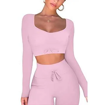 QINSEN Women Workout 2 Piece Outfits Ribbed High Waist Legging Gym Yoga Bodycon Long Sleeve Sports Crop Tops Sets Dusty Pink L